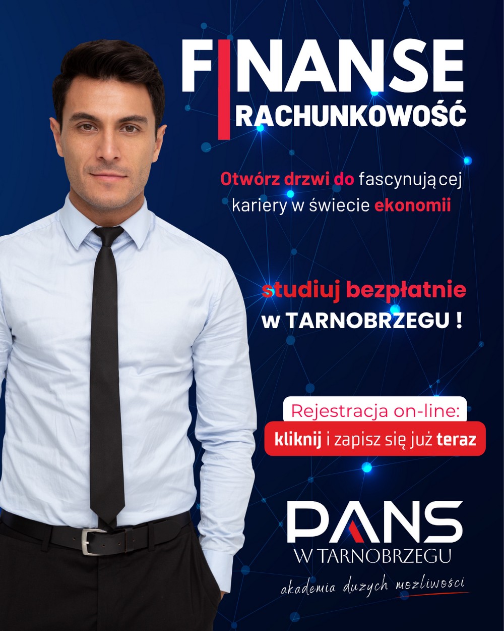 grafika promuje kierunek finanse i rachunkowość, na zdjęciu z lewej mężczyzna, specjalista w świecie finansów i ekonomii